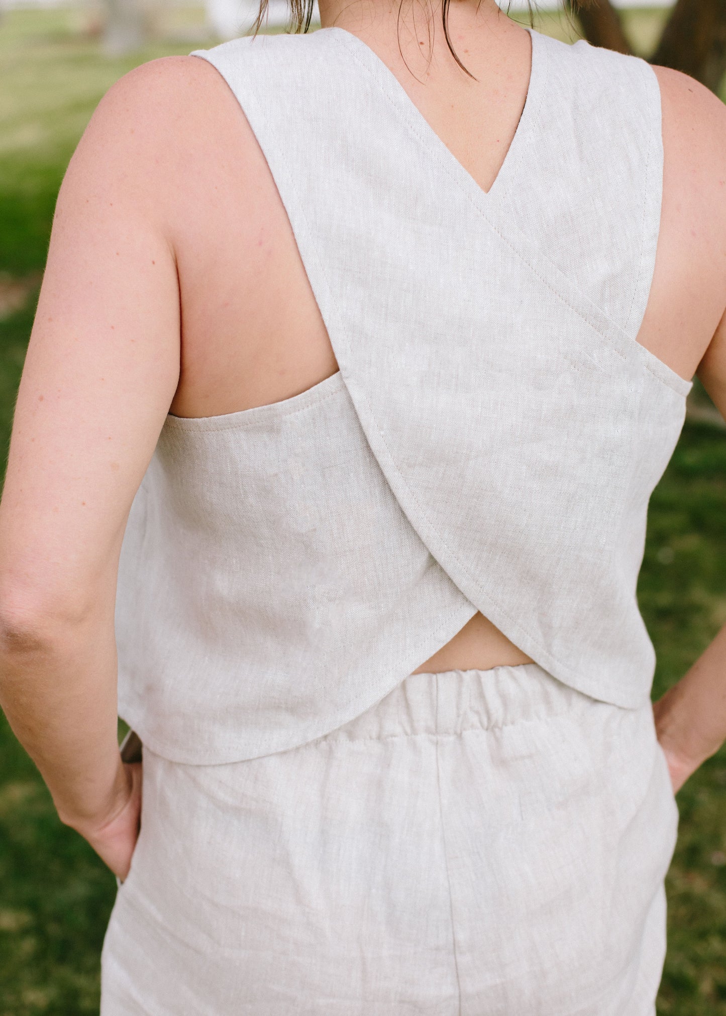 The Serena Linen Cross Back Crop Top // Pure White // Natural
