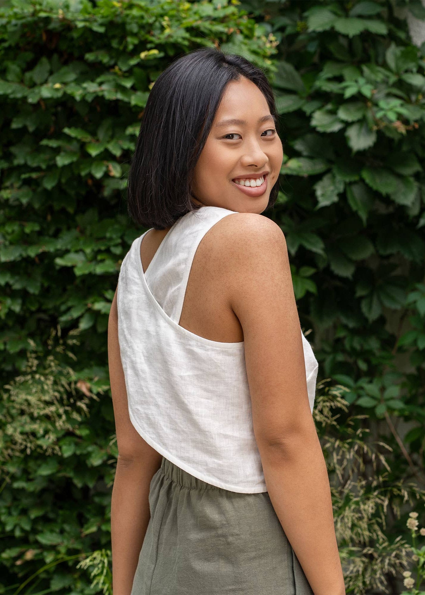 The Serena Linen Cross Back Crop Top // Pure White // Natural