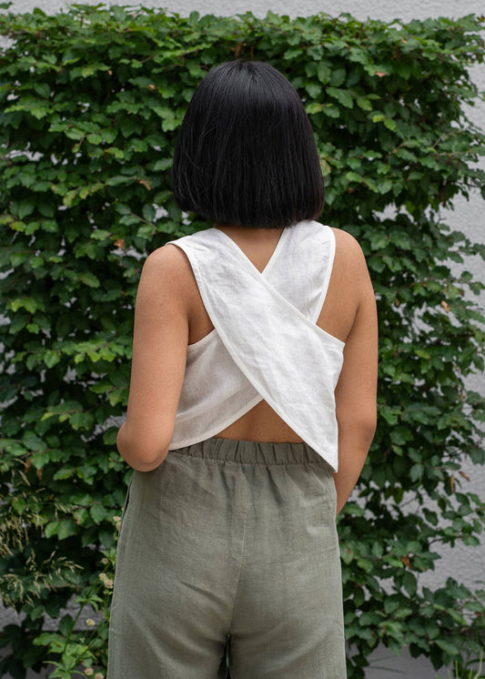 The Serena Linen Cross Back Crop Top // Pure White // Natural
