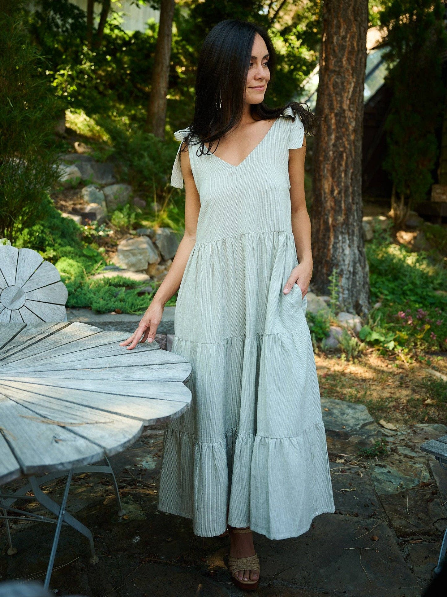 Lorelei Tiered Dress Olive Stripe